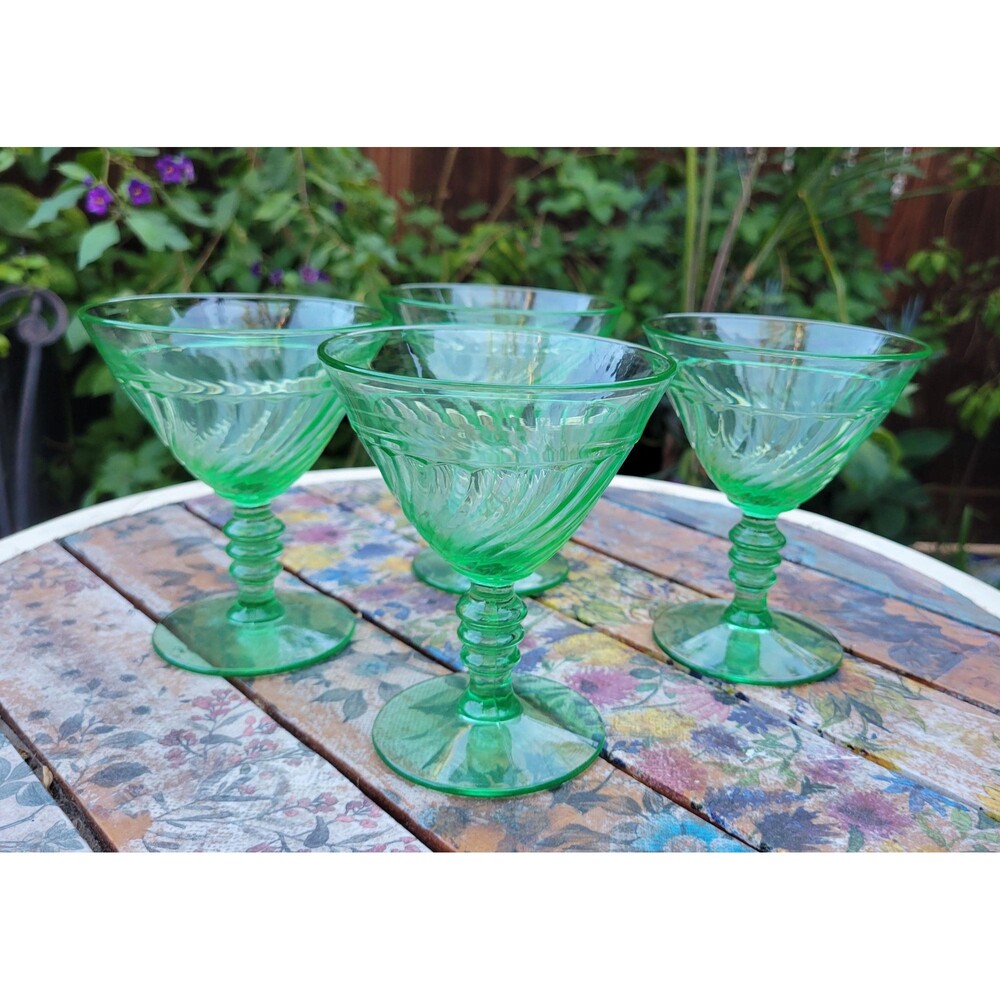 Duncan Miller Green Depression Glass Spiral Flutes Set of 4, 1920s Vintage